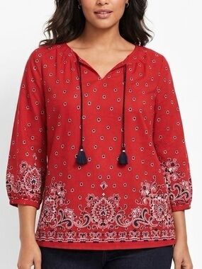 Talbots Red Boho Paisley Tassel Tie Peasant Blouse Women’s Large Cotton